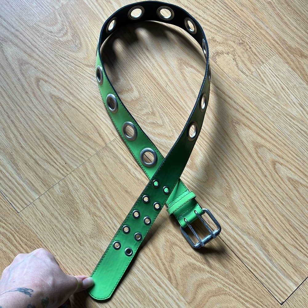 Green Leather Belt with Silver Buckle